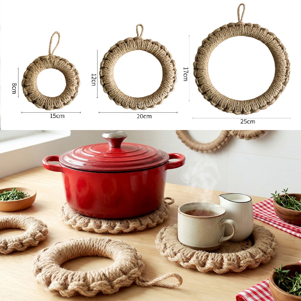 Cast Iron Skillet - 2 adet rustik jüt dokuma trivets